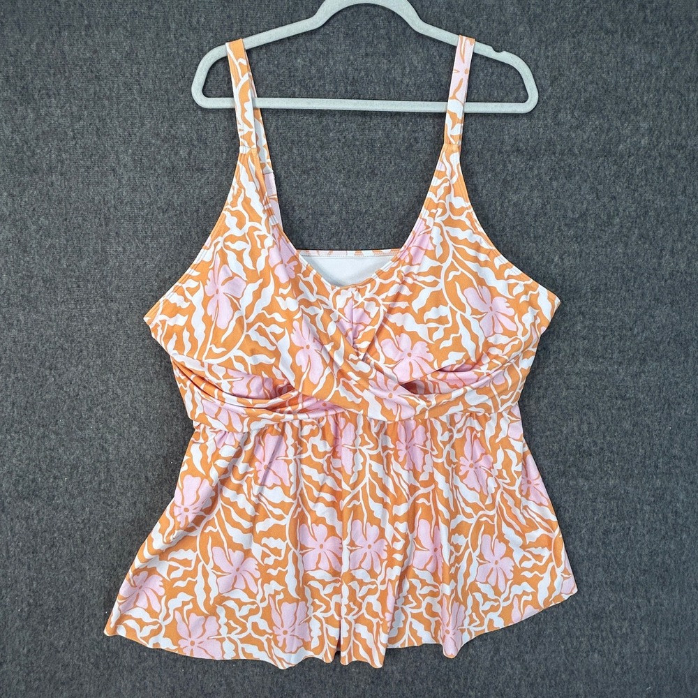 Bloomchic Womens Plus Size 26 Tankini Top Orange Pink Floral Crossover Peplum